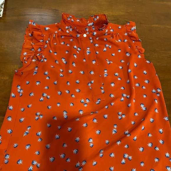 Red Shell with Blue Flowers, Ruffle Sleeves - Picture 2 of 5